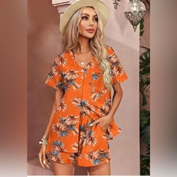 Ekouaer Tropical Orange Button-Up Shirt and Shorts Set, Women’s Small - Picture 1 of 9